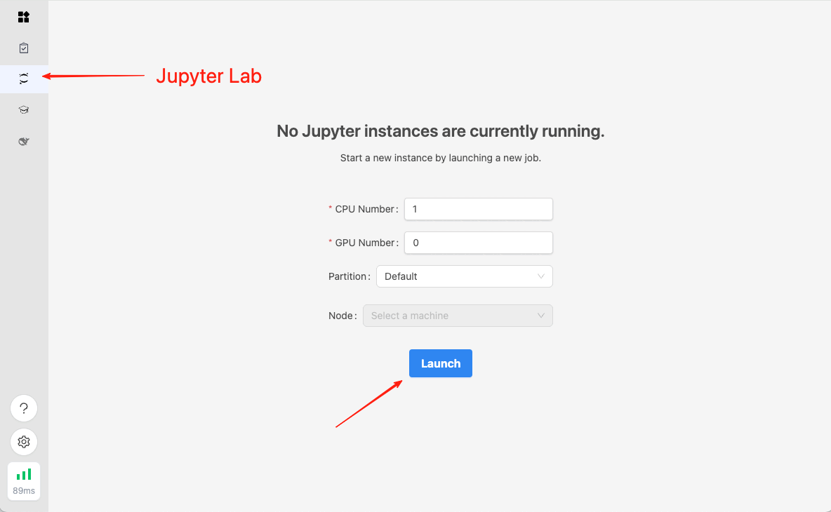 Jupyter Lab 面板,通过选择 CPU 与 GPU 数量、分区和节点来启动实例