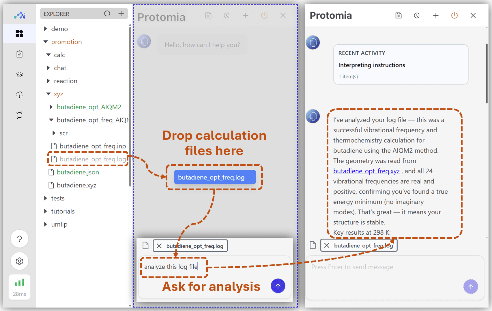 Dropping a log file and asking Protomia for analysis
