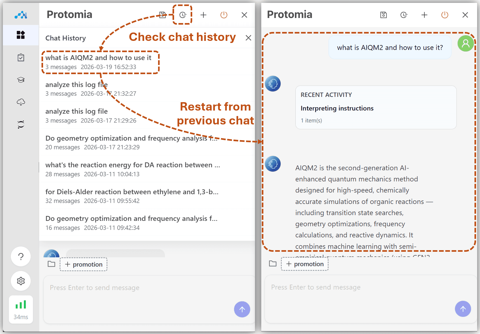 Chat history panel showing past sessions and restarting a previous chat