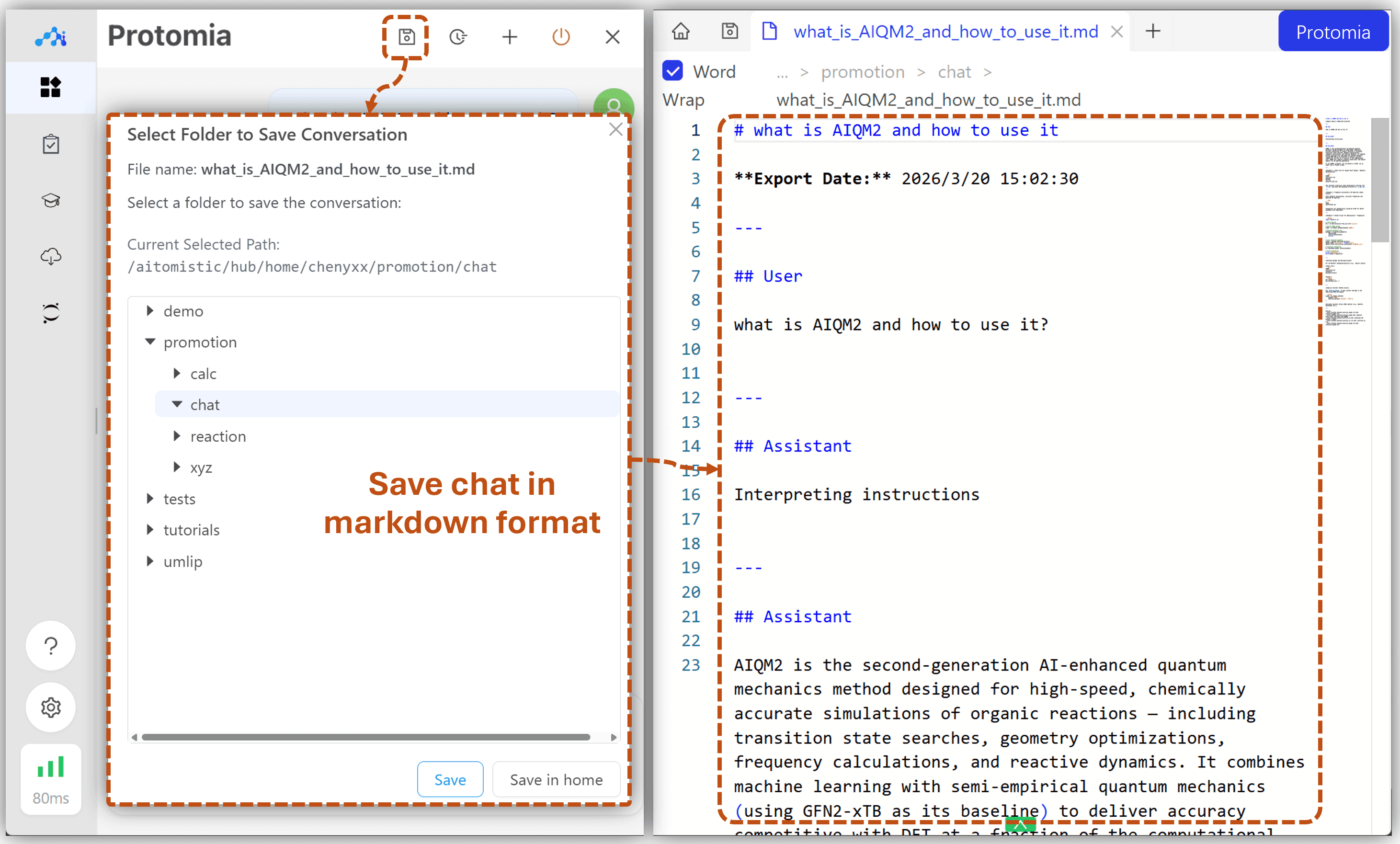 Saving a chat conversation to a Markdown file in a selected project folder